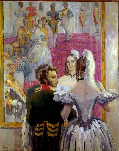 Den russiske poeten Alexander Pushkin (Pushkin) (1799-1837) og hans kone Natalia Gontcharova (Goncharova) på Anichkof Palace Ball. Maleri av Nikolai Pavlovich Ulyanov (Ulyanov) (1875-1949) av Nikolai Pavlovich Ulyanov