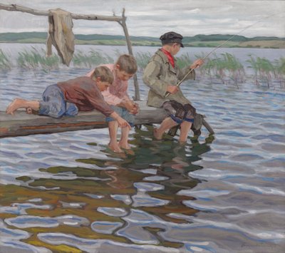 Gutter som fisker utenfor en brygge av Nikolai Petrovich Bogdanov Belsky