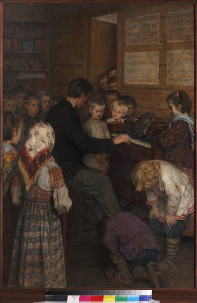 Sangtime på landsbyskolen (læreren spiller harmonium) av Bogdanov-Belsky, Nikolai Petrovich (1868-1945). olje på lerret av Nikolai Petrovich Bogdanov Belsky