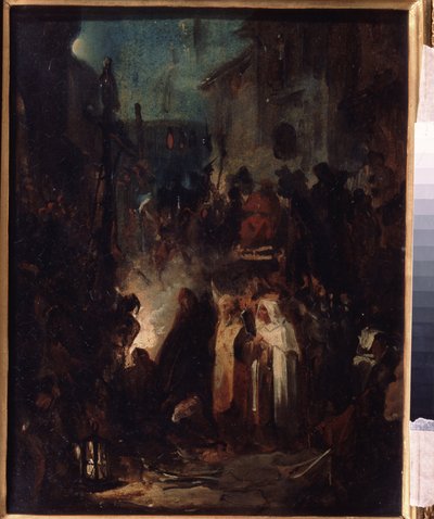 Autodafe (Autodafe). Gatebilde, om natten, etter dom fra inkvisisjonsdomstolen, er folkemengden og de geistlige samlet rundt bålet. Verk av Nikolai Petrovich Lomtev (1816-1859), olje på papp. russisk kunst av Nikolai Petrovich Lomtev