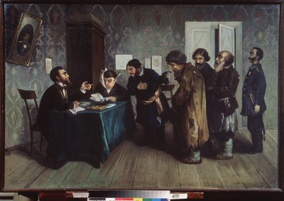 Voldgiftsretten i provinsene. Daglig scene for rettferdighet. Maleri av Nikolai Petrovich Zagorsky (1849-1893), olje på lerret av Nikolai Petrovich Zagorsky