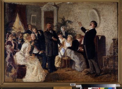 Duo. (Sangere holder konsert i et privat rom). Maleri av Nikolai Petrovich Zagorsky (1849-1893), olje på lerret. russisk kunst av Nikolai Petrovich Zagorsky