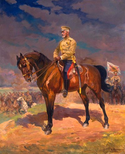 Portrett av storhertug Nikolai Nikolayevich 1856–1929 til hest, 1910-tallet. av Nikolai Semyonovich Samokish