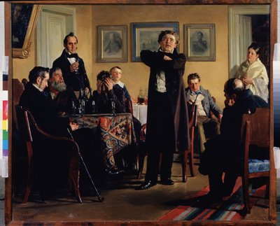 Skuespiller Pavel Mochalov (1808-1848) omgir sine beundrere. (Skuespiller P. Mochalov blant fansen hans). Betraktet som den største tragedien i det romantiske Russland, tolker han en rolle i en privat salong, tilskuerne oppmerksomme og tatt av følelser av Nikolai Vasilievich Nevrev