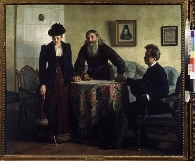 En remonstrans (en formaning). Et par i ekteskapskrise besøker en ortodoks prest og får en leksjon i moralsk oppførsel. Maleri av Nikolai Vasilyevich Nevrev (1830-1904), olje på lerret av Nikolai Vasilievich Nevrev