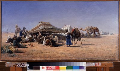 Kairo (Egypt) (Kairo). Leirscene av en campingvogn i ørkenen, byen i bakgrunnen. Maleri av Nikolai Yegorovich Makovsky (1842-1886), olje på lerret av Nikolai Yegorovich Makovsky