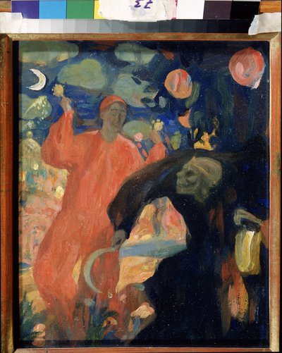 Til minne om Nikolai Sapunov (Sapunov) (1880-1912) (Til minne om N. Sapunov). Døden personifiserte bukker og flykter foran en smilende livsfigur, vinkende maracas. Verk av Nicolas (Nikolai) Dimitrievich Millioti (1874-1962), olje på kort av Nikolaj Nikolaevic Sapunov