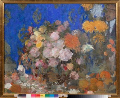 Nature morte avec autoportrait - Stilleben med selvportrett - Verk av Nikolai Nikolayevich Sapunov (Sapunov) (1880-1912), tempera på papp av Nikolaj Nikolaevic Sapunov