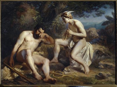 Mercury and Argus - Mercury Lulling Argus to Sleep - Koshelev, Nikolai Andreyevich (1840-1918) - 1864 - Olje på lerret - 138x179 - Museum of Fine Arts Academy, St. Petersburg. St. Petersburg av Nikolay Andreyevich Koshelev
