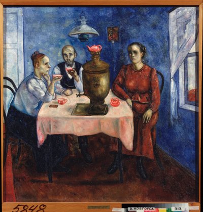 Tetid (Scene fra dagliglivet, en trist familie drikker te samlet rundt en samovar) - Tedrikking - Maleri av Nikolai Vladimirovich Sinezubov (Nicolas Sinezouboff) (1891-1956), olje på lerret av Nikolay Vladimirovic Sinezubov