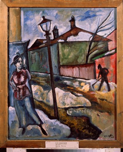 A street - Spring (A street - Spring) - Maleri av Nikolai Vladimirovich Sinezubov (Nicolas Sinezuboff) (1891-1956), olje på lerret av Nikolay Vladimirovic Sinezubov
