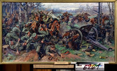 Det russiske kavaleriet anklaget det tyske artilleriet i 1915 (Det russiske kavaleriet anklaget det tyske artilleriet i 1915). Maleri av Nikolai Yakovlevich Borisov (1873-1942). Olje på lerret, 75 x 142 cm, tidlig 1900-talls russisk kunst. Statens sentrale av Nikolay Yakovlevich Borisov