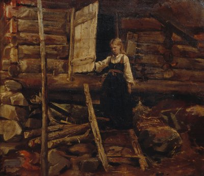 Jente i trapper (olje på lerret) av Nils Bergslien