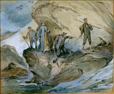 Vandring over Hardangerbreen (akvarell på papir) av Nils Bergslien