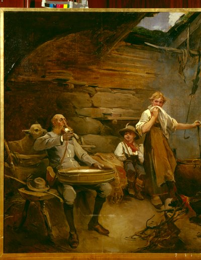 Herren og grøten laget med rømme (olje på lerret) av Nils Bergslien