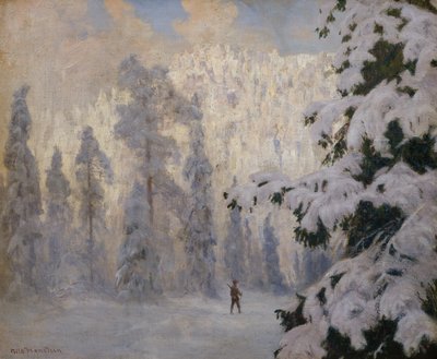 Jeger på ski i vinterlandskap av Nils Hansteen