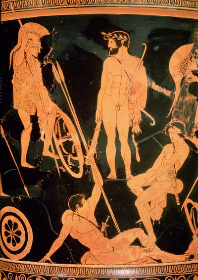 Herakles og greske helter, detalj fra en attisk rød-figur calyx-krater, ca. 490 f.Kr. (keramikk) (se også 92577 og 19106) av Niobid Painter
