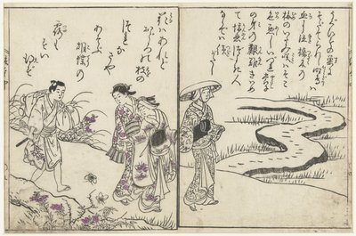 Turgåere i et landskap med blomster av Nishikawa Sukenobu (attributed to)