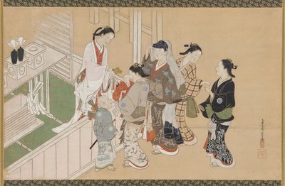 Spedbarns første besøk til en Shinto-helligdom, Edo-perioden, sent på 1600- og tidlig på 1700-tallet. av Nishikawa Sukenobu
