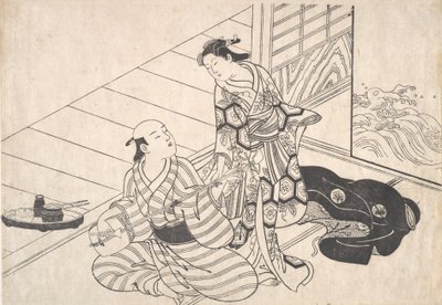 Lady avbryter hennes elsker, som spiller Shamisen. av Nishikawa Sukenobu