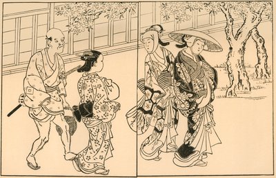 Tre kvinner og mannlig tjener, 1730, 1924. av Nishikawa Sukenobu
