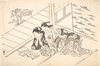 To kvinner lener seg på gulvet i et rom og leser en bok, ca. 1730., ca. 1730. av Nishikawa Sukenobu