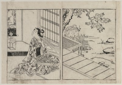 Kvinne ser på en hengende rulle, ca. 1740-årene. av Nishikawa Sukenobu