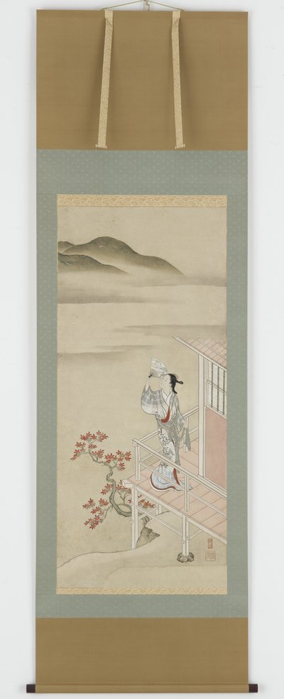 Ung kvinne med en vifte på en veranda som beundrer lønn, hengende rulle, 1600-1700-tallet (blekk og farge på papir) av Nishikawa Sukenobu