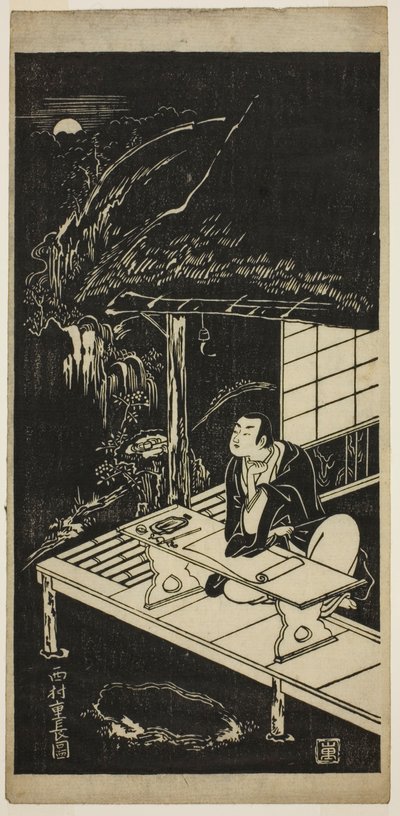 Mann i stråtak og ser på månen av Nishimura Shigenaga