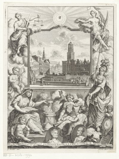 Stadsgezicht med Domkerk te Utrecht en allegorie med Utrechtse stedenmaagd Titelside for: Elias de Vries, Dissertatio juridica, de jure naturali ac gentium, seu duobus prioribus juris fontibus, 1745. av Noach van der Meer (I)