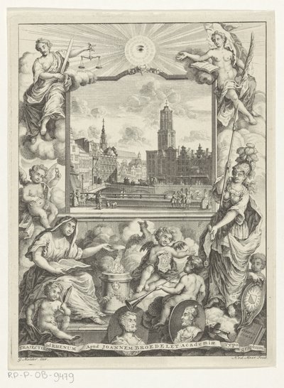 Stadsgezicht met Domkerk te Utrecht en allegorie med Utrechtse stedenmaagd Tittelside for: Elias de Vries, Dissertatio juridica, de jure naturale ac gentium, seu duobus prioribus juris fontibus, 1745. av Noach van der Meer (I)