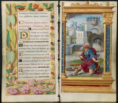 Tilstøtende blader fra en timebok: Botssalmer og kong David i bønn..., ca. 1530-35. av Noel Bellemare