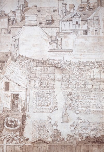 En hage til et byhus, med parterrer og vinpergola, omgitt av bygninger, ca. 1677 (penn og brunt blekk med brun vask) av Noel Gasselin