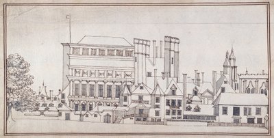 Whitehall med Holbein Gate og Inigo Jones's Banqueting House, ca. 1677 (penn og brunt blekk med grå vask) av Noel Gasselin
