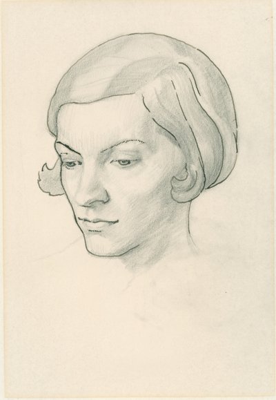 Portrett av kunstnerens kone, Celia Fiennes (blyant på papir) av Noel Rooke