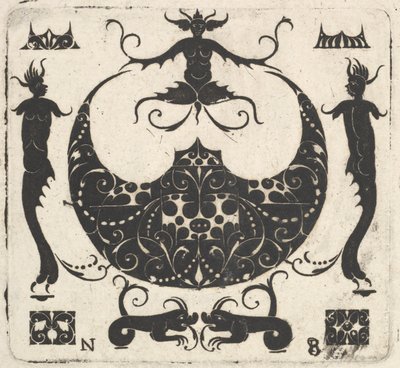 Måneformet ringramme og groteske figurer, ca. 1620-30. av Noel Rouillard