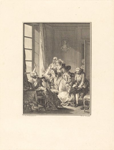 Julie besvimer i en lenestol av Noël Le Mire after Jean Michel Moreau
