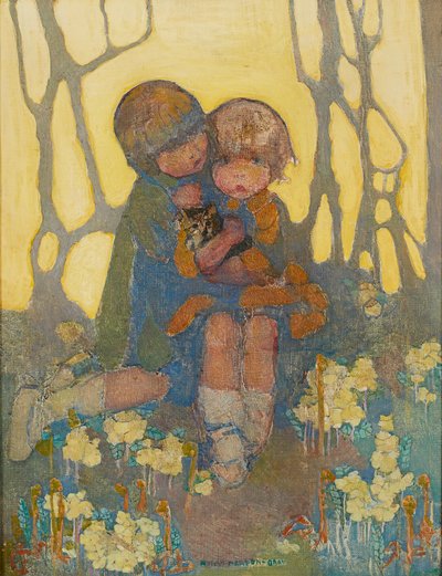 Sisters With a Kitten (olje på lerret) av Norah Neilsen Gray