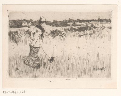 Vandrende dame med hund i et landskap av Norbert Goeneutte