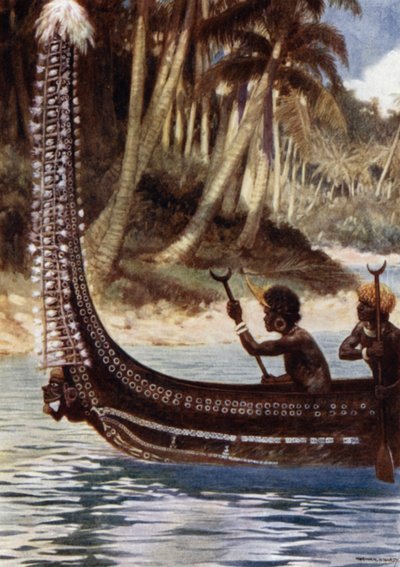 En kano som viser "Totoishu," New Georgia, Salomonøyene (farge litho) av Norman Hardy