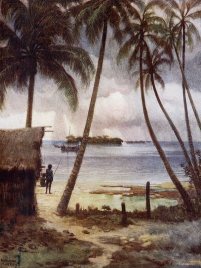 En stormfull dag i Rubiana Lagoon, Salomonøyene (farge litho) av Norman Hardy
