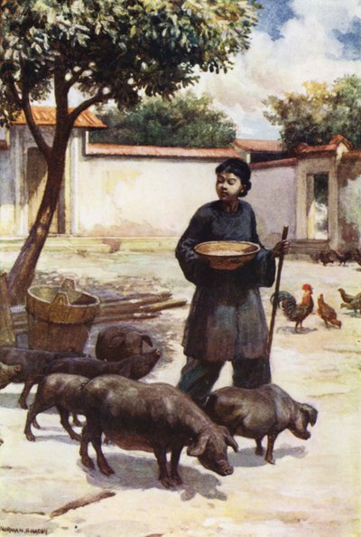 Kina: En gårdsplass (farge litho) av Norman Hardy
