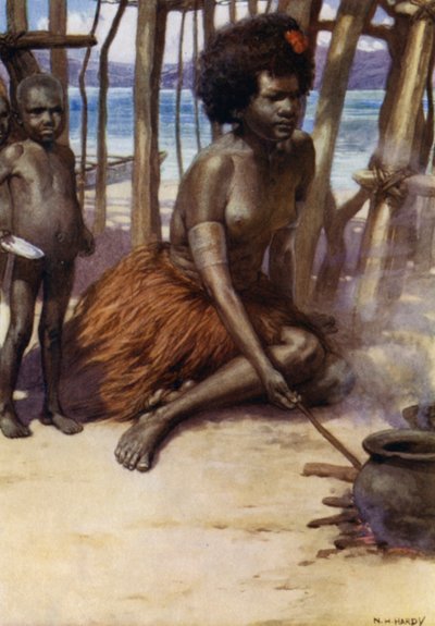 Cooking the Meal, Britisk New Guinea (farge litho) av Norman Hardy