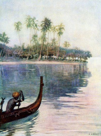 "Padler forsiktig over det stille vannet" på øya San Christobal, 1908 av Norman Hardy
