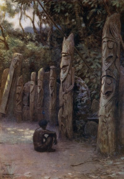 Steinen "Demits", eller sjelene, med tilhørende trefigurer, Malekula Island, New Hebrides (farge litho) av Norman Hardy