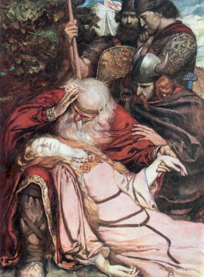 Lear, «Cordelia, Cordelia». Kong Lear – Akt V, Scene 3 (fargelitografi) av Norman Mills (after) Price
