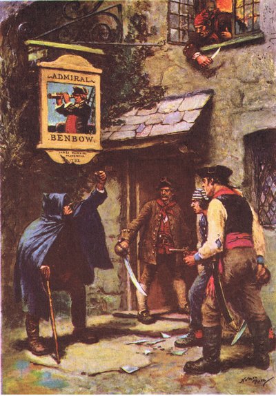 En mann lente seg ut i måneskinnet, fra Treasure Island utgitt av MacDonald 1947 (farge litho) av Norman Mills Price
