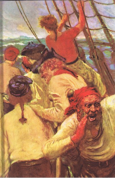Innvendig omslagsdesign, fra Treasure Island utgitt av MacDonald 1947 (farge litho) av Norman Mills Price