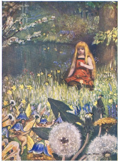 Maybells and the Flowers: "Nå vet jeg at flere kan bli hjemme, maiklokkene kaller meg det (farge litho) av Norman Mills Price