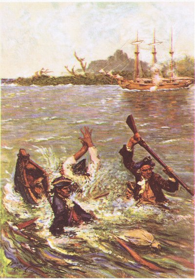 Båten sank ved hekken i tre fot vann, fra Treasure Island utgitt av MacDonald 1947 (farge litho) av Norman Mills Price